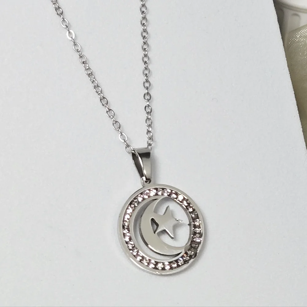 Crescent Moon Star Necklace Silver CZ Crystal Celestial Pendant Stainless Steel